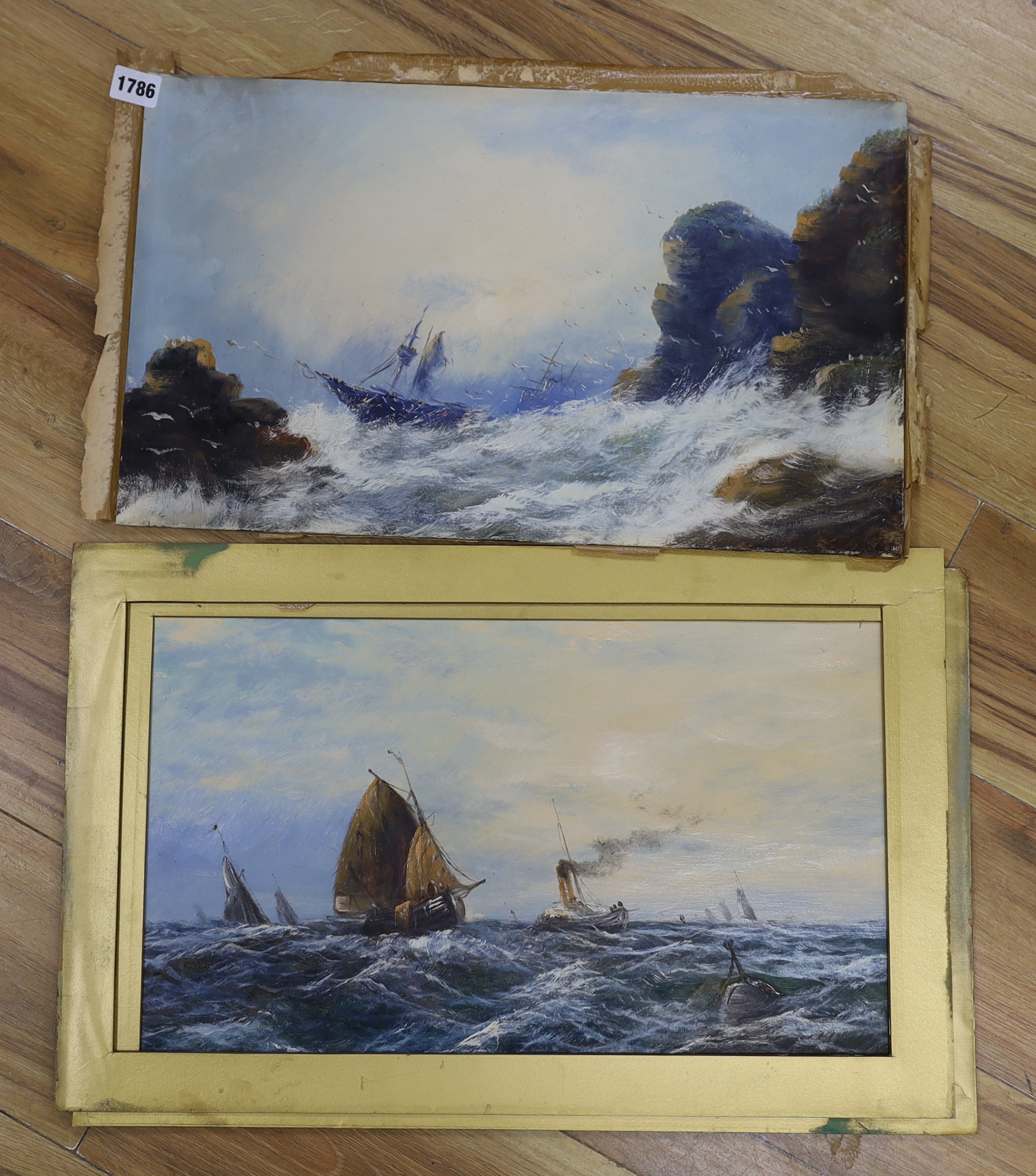 20th century School, pair of oils on card, Ships at sea and shipwreck scene, unsigned, unframed, each 30 x 50cm